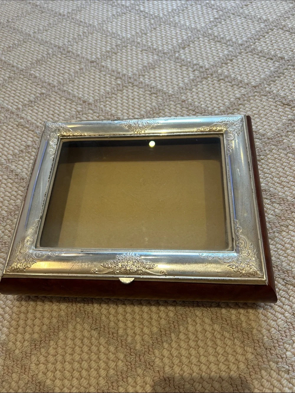 Italian Wood and Silver Glass-Top Jewelry and Keepsake Box